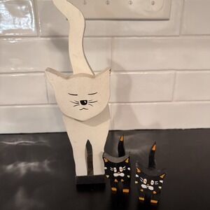 Lot of 3 Vintage Folk Art Hand‎ Painted Wooden Standing Cats 2 Black 1 White
